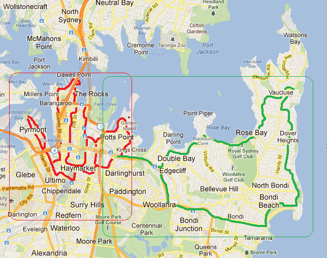 Sydney turistibussin punainen ja vihrea linja